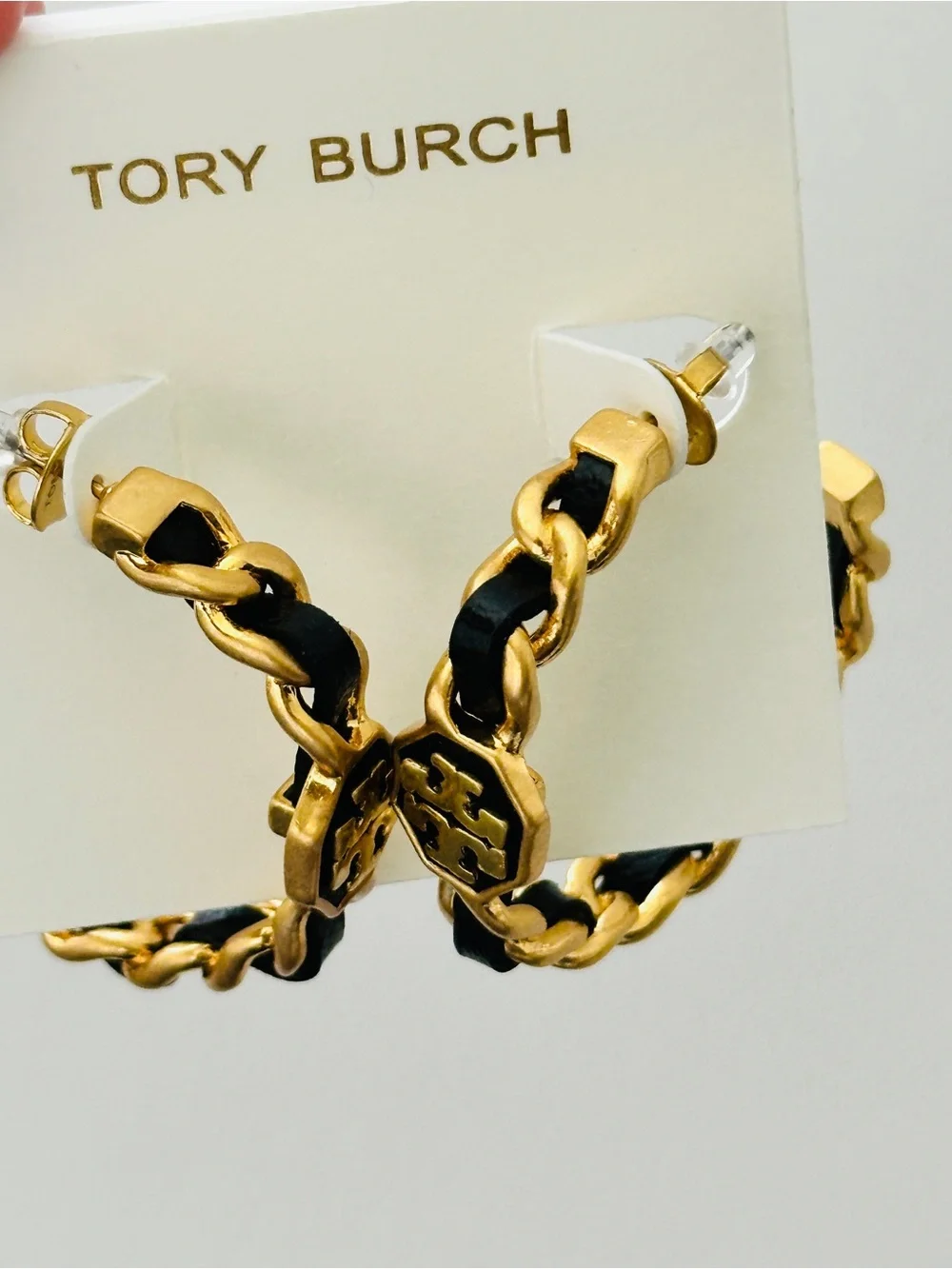 Tory Burch Black and Gold Chain Hoop Earrings